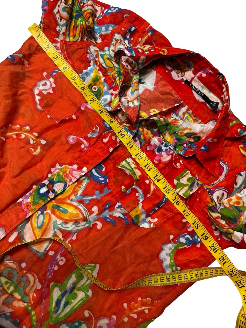 Lauren Ralph Lauren Cotton-Silk Voile Shirt Size Medium Orange Multi Floral - Picture 12 of 12